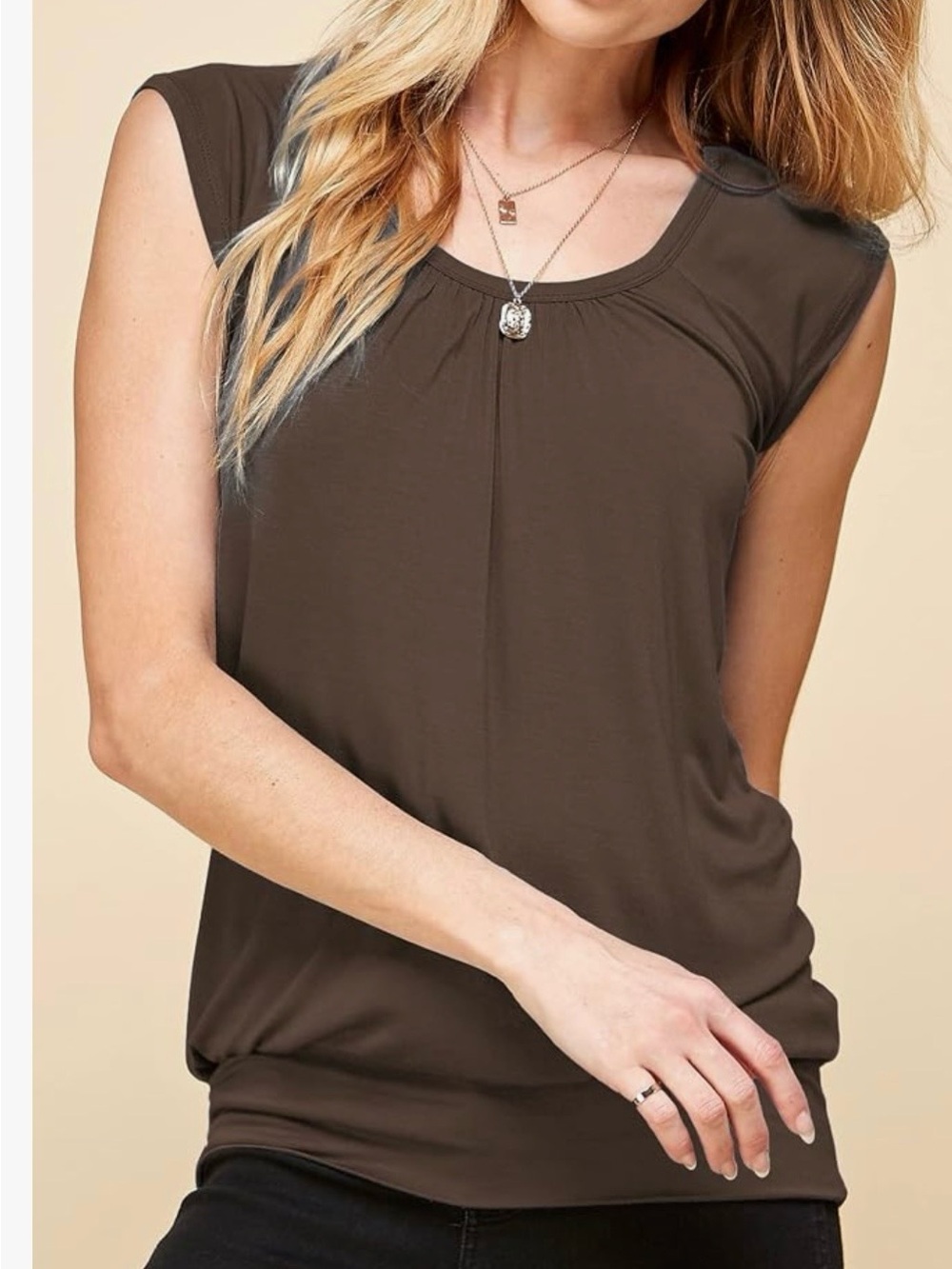 Lock & Love Brown Scoop Neck Cap Sleeve Top with Banded Bottom